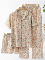 3Pcs Summer Floral Shirt Shorts Pajama Set