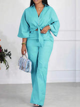 Solid Color Tie Up Shirt & Wide Leg Pant Set