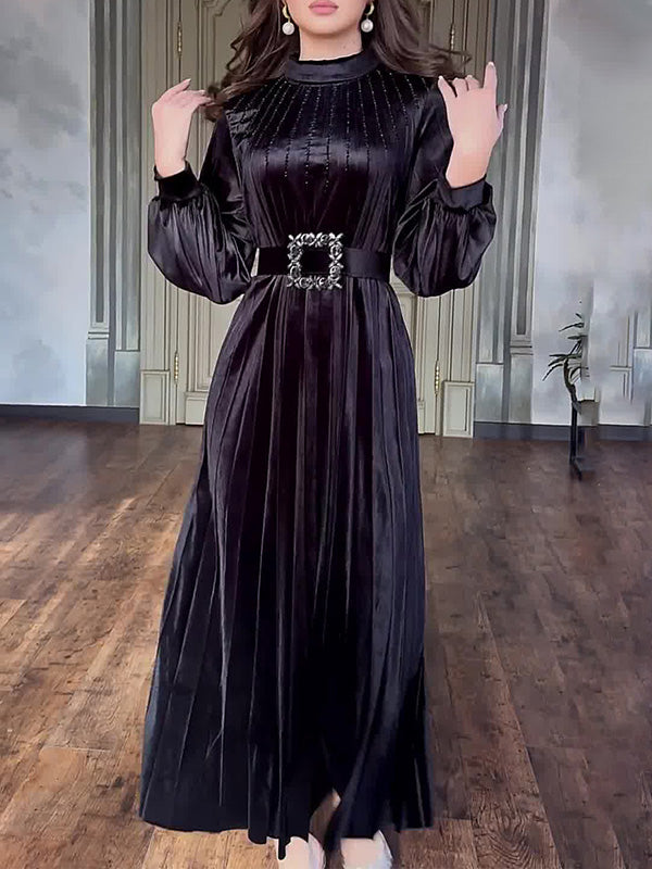 Velvet Pleated Belt Black Maxi Dress