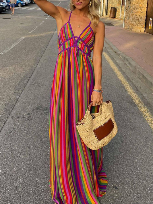Cross-strap Rainbow Stripe Maxi dress