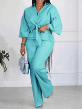 Solid Color Tie Up Shirt & Wide Leg Pant Set