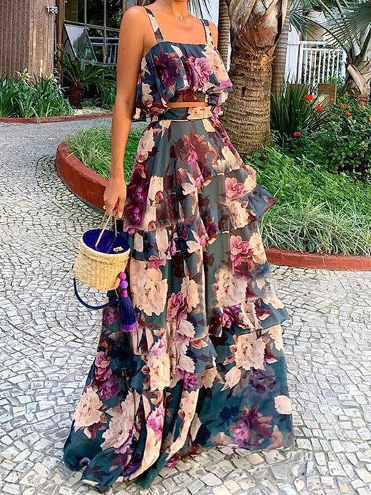 Layered Floral Camisole Top Maxi Skirt Set