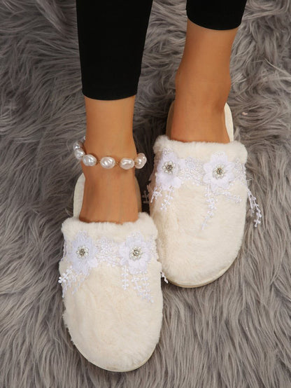 Pearl Flower Furry Slippers
