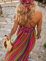 Cross-strap Rainbow Stripe Maxi Dress
