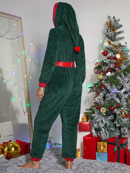 Christmas Velvet Belted Hooded Jumpsuit