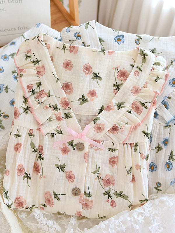 Cotton 2Pcs V Neck Floral Pajama Set