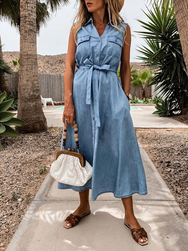 Denim Belt Sleeveless Maxi Dress