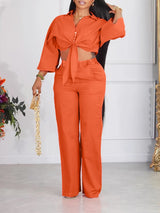 Solid Color Tie Up Shirt & Wide Leg Pant Set