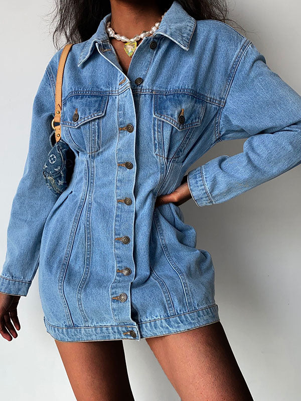 Denim Pockets Botton Down Mini Dress