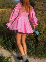 V Neck Plaid Lantern Sleeve Mini Dress