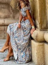 Off Shoulder Belt Maxi Bohemian Dress