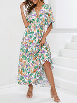 V Neck Batwing Sleeve Floral Maxi Dress