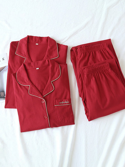 Letter Embroidery Red Couple Pajama Set