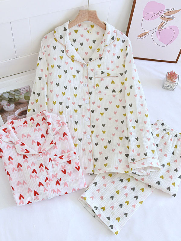 Cotton Colorful Heart Print Shirt Pajama Set
