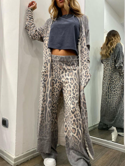 2Pcs Leopard Print Cardigan & Long Pants