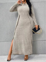 Solid Color Crew Neck Slit Knit Maxi Dress