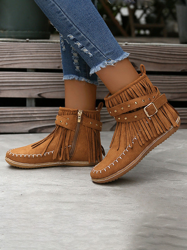 Vintage  Studded Fringe Buckle Boots