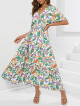 V Neck Batwing Sleeve Floral Maxi Dress