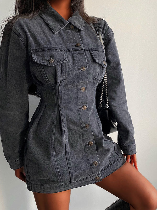 Denim Pockets Botton Down Mini Dress