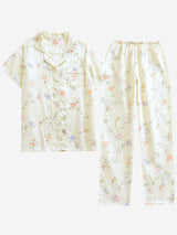 Flower Print Shirt Long Pants Pajmas Set