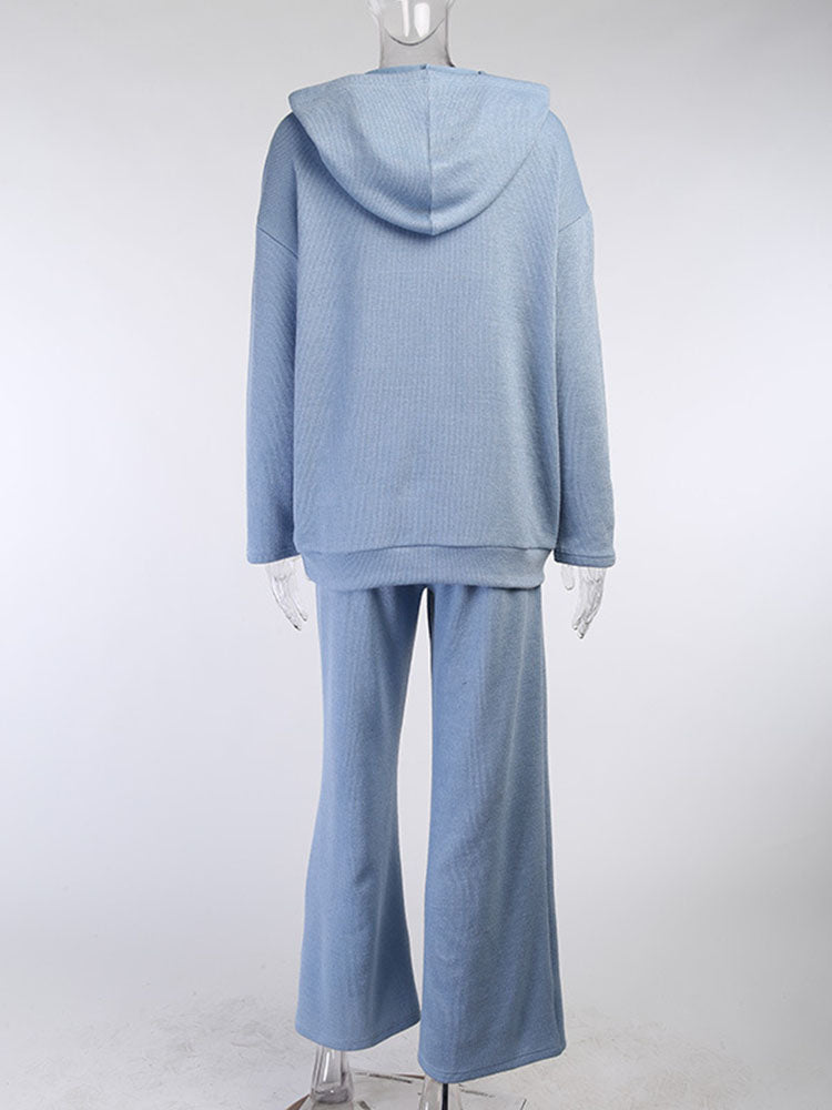 Ribbed Knit Solid Hooded Set