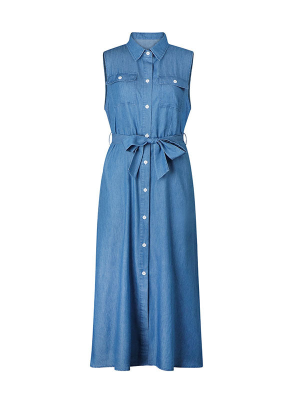 Denim Belt Sleeveless Maxi Dress