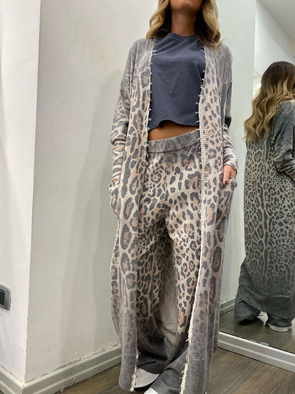 2Pcs Leopard Print Cardigan & Long Pants