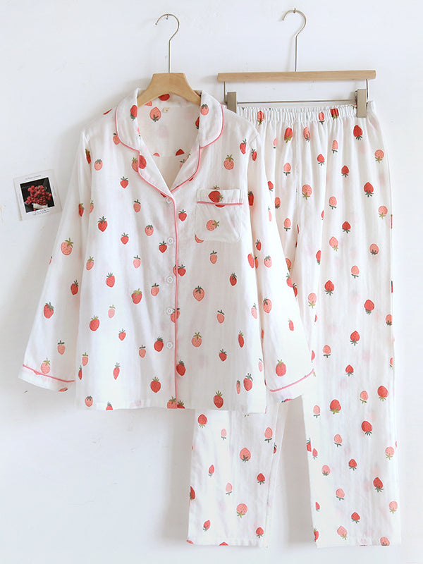 Cotton Strawberry Print Long Sleeve Pajama Set