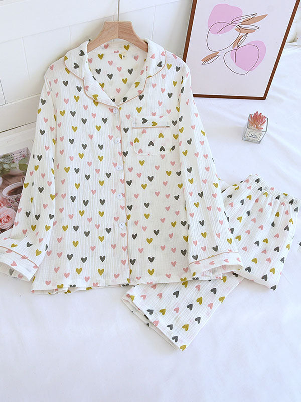 Cotton Colorful Heart Print Shirt Pajama Set