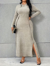 Solid Color Crew Neck Slit Knit Maxi Dress