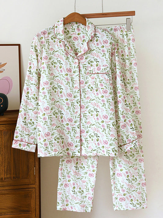 Cotton 2Pcs Green Leaf Rose Pajama Set