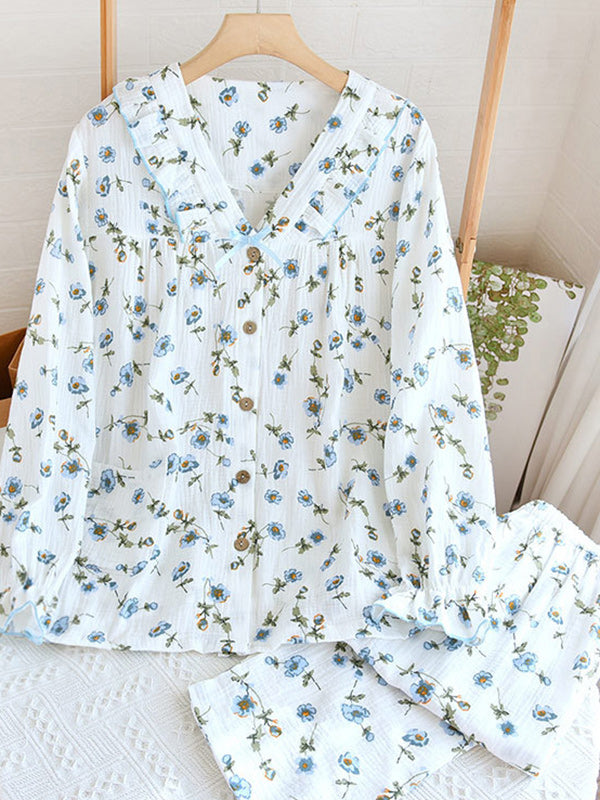 Cotton 2Pcs V Neck Floral Pajama Set