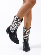 Leopard Patchwork Block Heel Mid-Calf Boots