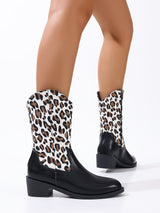 Leopard Patchwork Block Heel Mid-Calf Boots