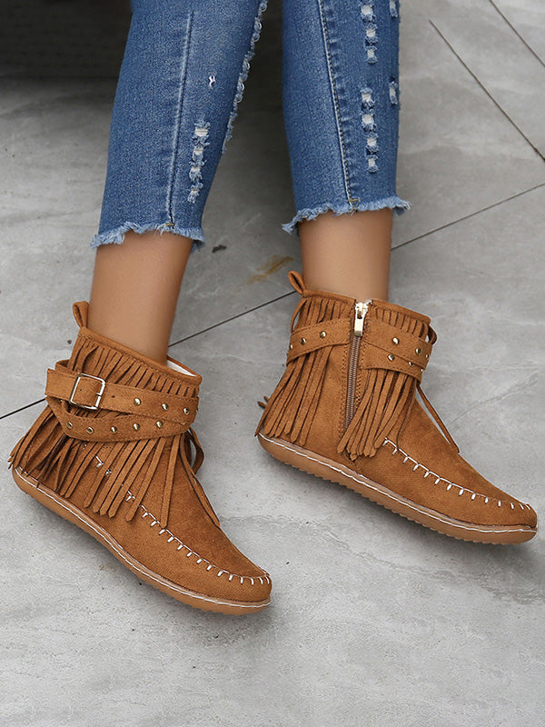 Vintage  Studded Fringe Buckle Boots