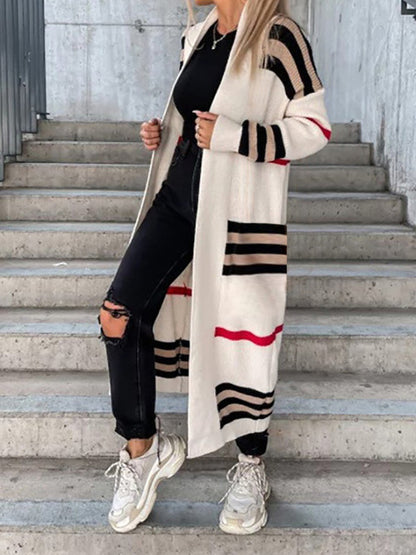 Striped Open Front Maxi Cardigan