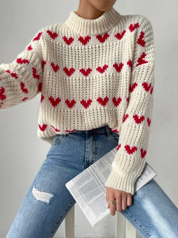 Turtleneck Heart Printed Sweater