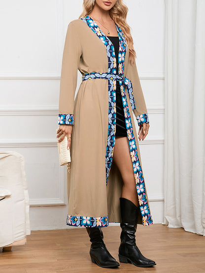 Open Front Floral Edge Belted Long Robe Coat