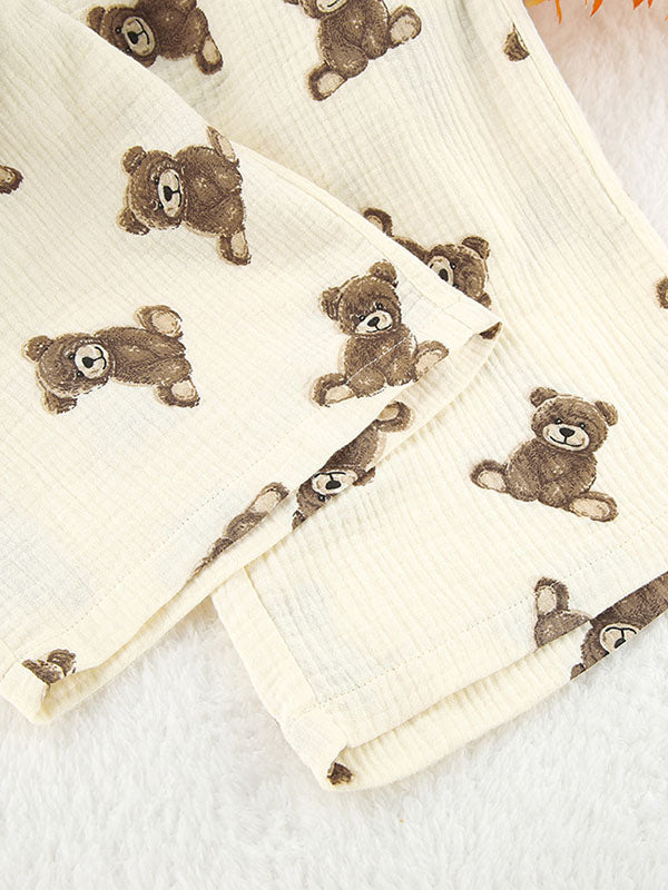 Bear Print Button Lapel Shirts & Pant Set