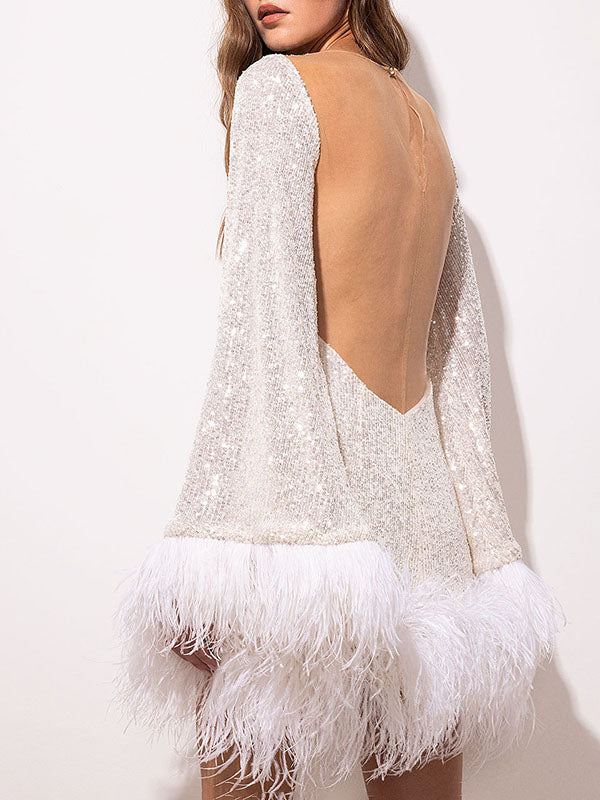 Sequin Feather Backless Mini Dress