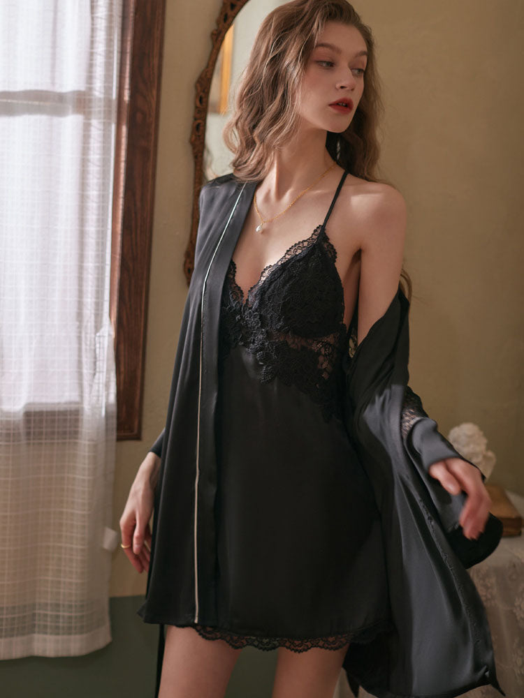 Satin Lace Backless Nightgown Set