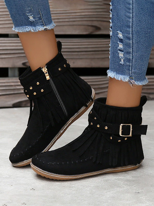 Vintage  Studded Fringe Buckle Boots