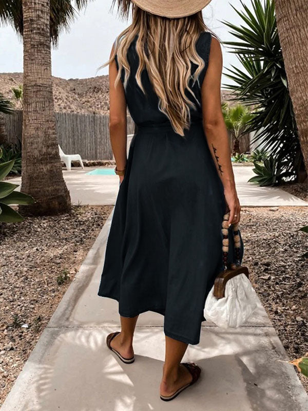 Denim Belt Sleeveless Maxi Dress