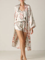 3 Pcs Floral Print Belted Sleepwear Robe Set