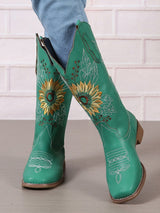 Vintage Embroidered Block Heel Mid-Calf Boots