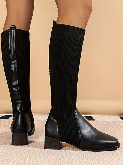 Knitted Knee Chunky Heeled Boots