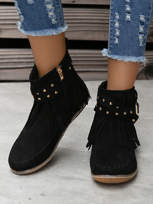 Vintage  Studded Fringe Buckle Boots