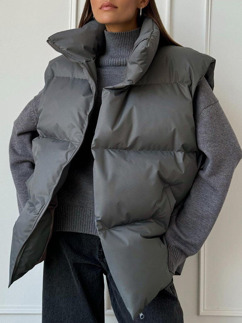 Lapel Solid Color Puffer Vest Jacket