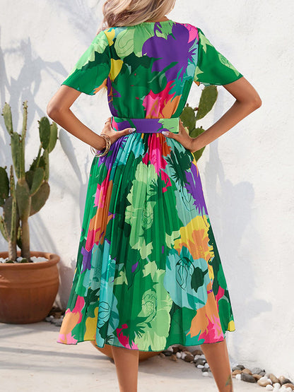 Short Sleeve Belt Pleated Floral Midi Dress