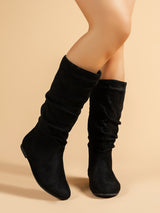 Suede Pleated Solid Color Mid-Calf Boots